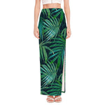 Dark Tropical Palm Leaves Pattern Print High Slit Maxi Skirt