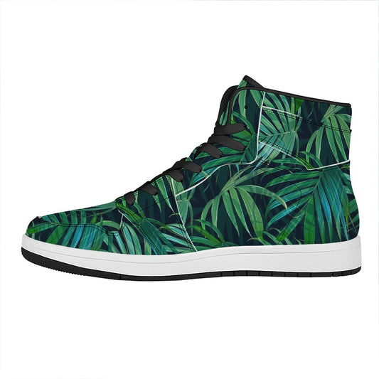 Dark Tropical Palm Leaves Pattern Print High Top Leather Sneakers