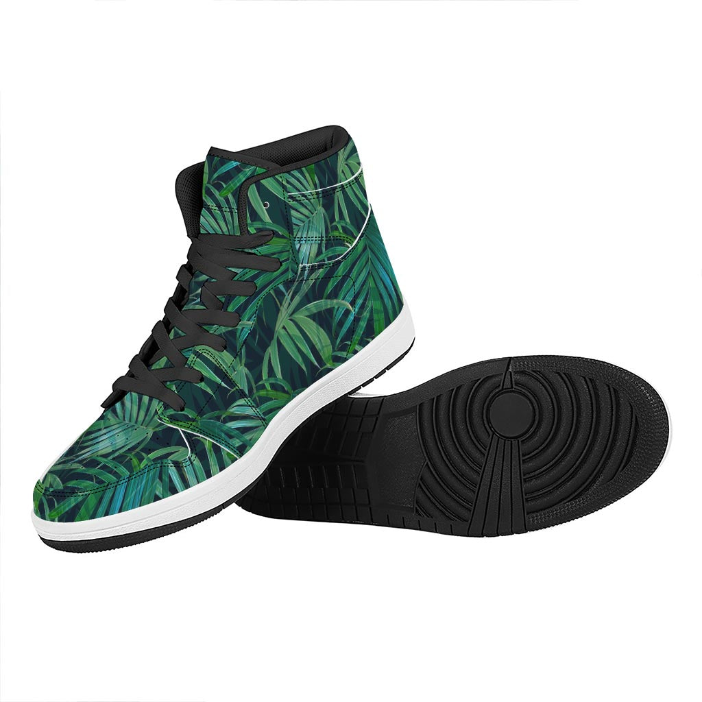 Dark Tropical Palm Leaves Pattern Print High Top Leather Sneakers
