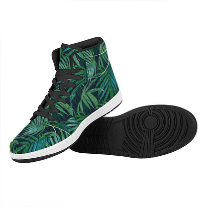 Dark Tropical Palm Leaves Pattern Print High Top Leather Sneakers