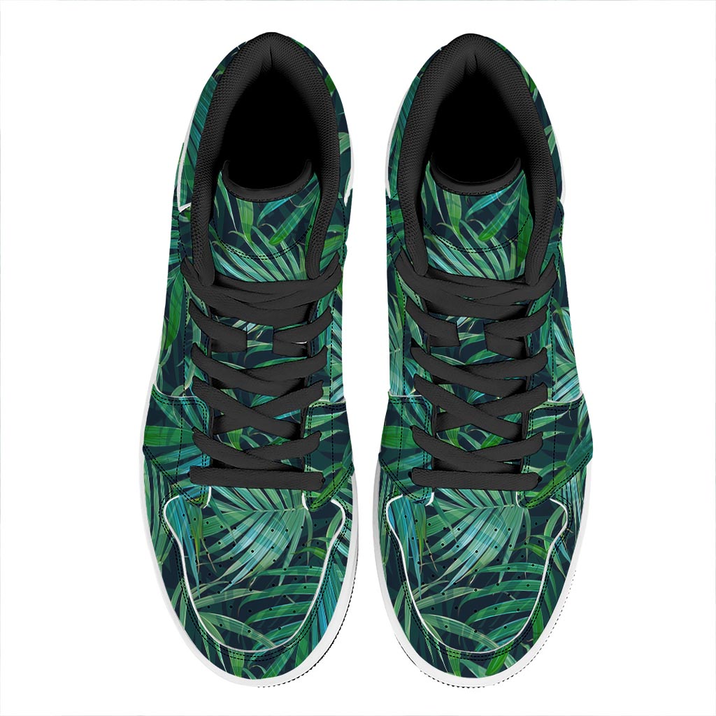 Dark Tropical Palm Leaves Pattern Print High Top Leather Sneakers