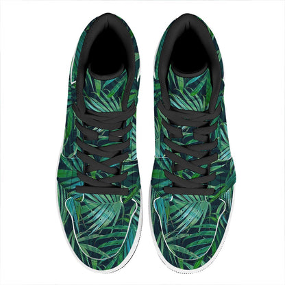 Dark Tropical Palm Leaves Pattern Print High Top Leather Sneakers