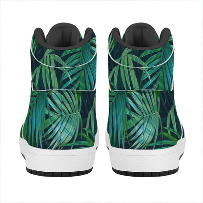 Dark Tropical Palm Leaves Pattern Print High Top Leather Sneakers