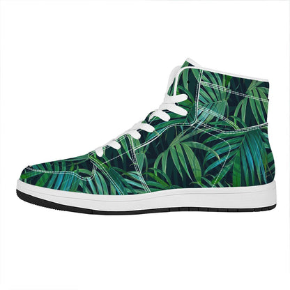 Dark Tropical Palm Leaves Pattern Print High Top Leather Sneakers