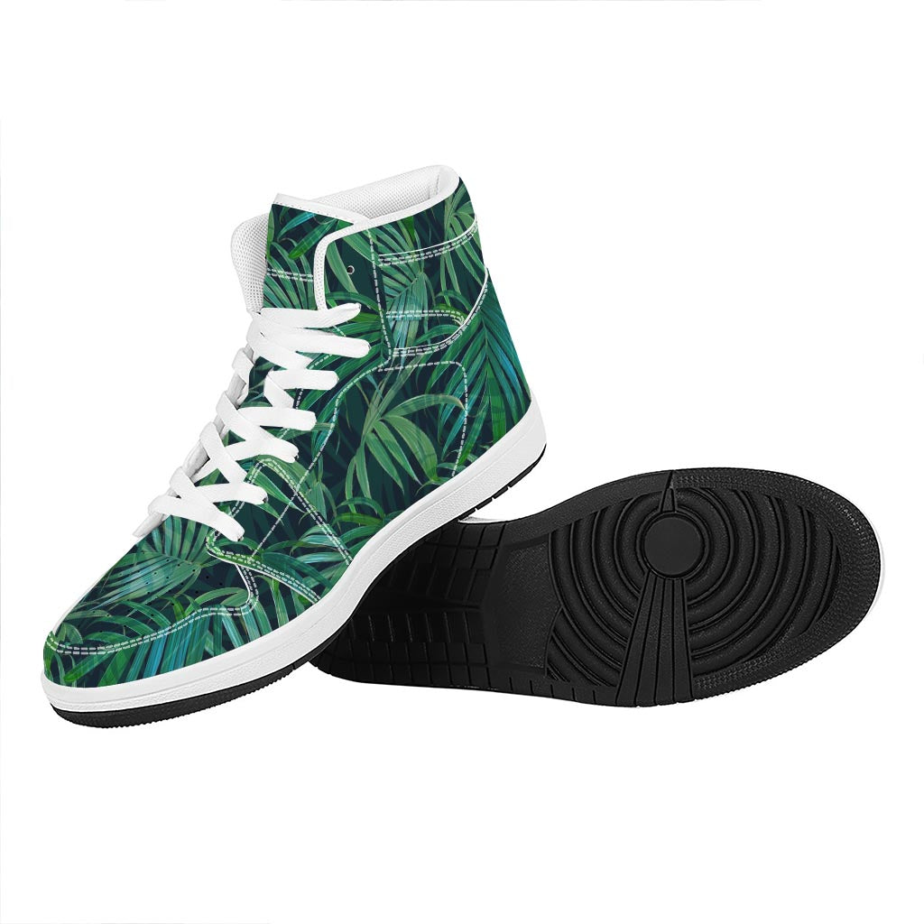 Dark Tropical Palm Leaves Pattern Print High Top Leather Sneakers