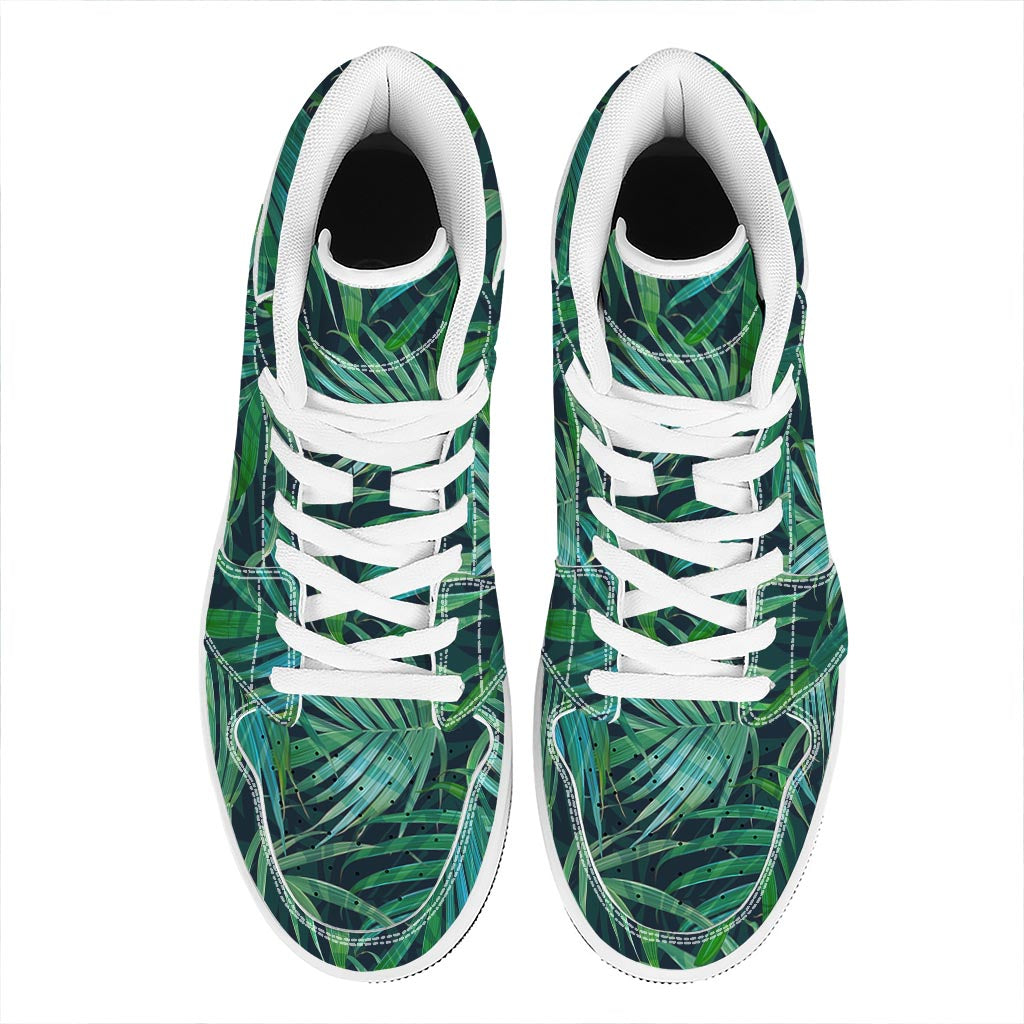 Dark Tropical Palm Leaves Pattern Print High Top Leather Sneakers