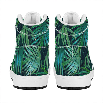Dark Tropical Palm Leaves Pattern Print High Top Leather Sneakers