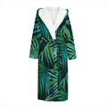 Dark Tropical Palm Leaves Pattern Print Hooded Bathrobe