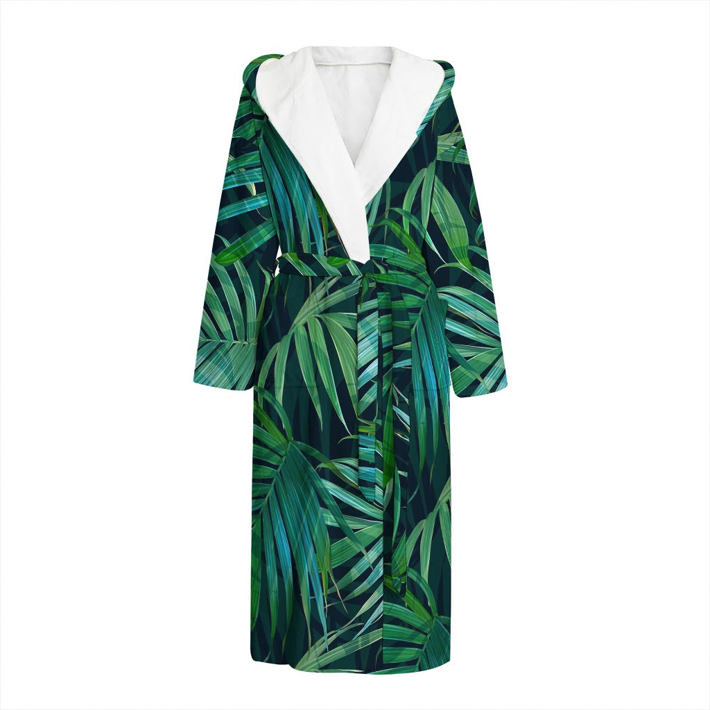 Dark Tropical Palm Leaves Pattern Print Hooded Bathrobe
