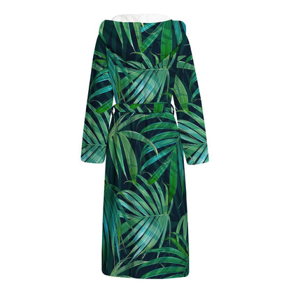 Dark Tropical Palm Leaves Pattern Print Hooded Bathrobe