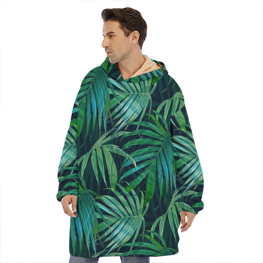 Dark Tropical Palm Leaves Pattern Print Hoodie Blanket