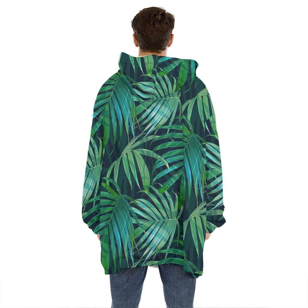 Dark Tropical Palm Leaves Pattern Print Hoodie Blanket
