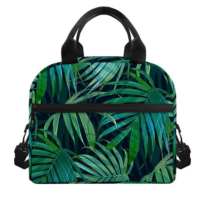 Dark Tropical Palm Leaves Pattern Print Insulated Lunch Bag