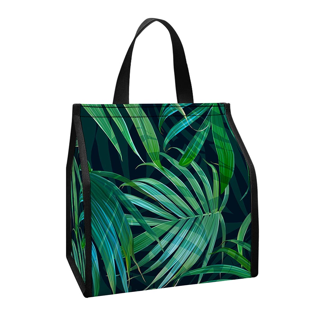 Dark Tropical Palm Leaves Pattern Print Insulated Lunch Tote