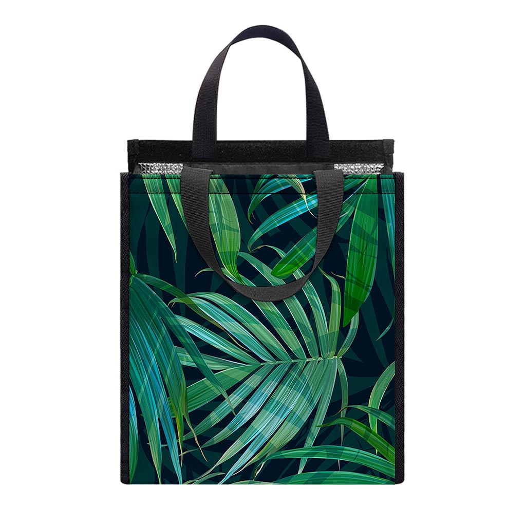 Dark Tropical Palm Leaves Pattern Print Insulated Lunch Tote