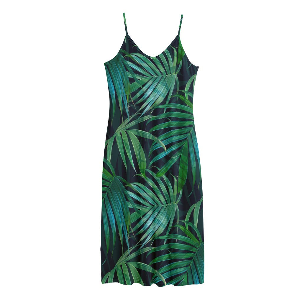 Dark Tropical Palm Leaves Pattern Print Jersey Midi Cami Dress