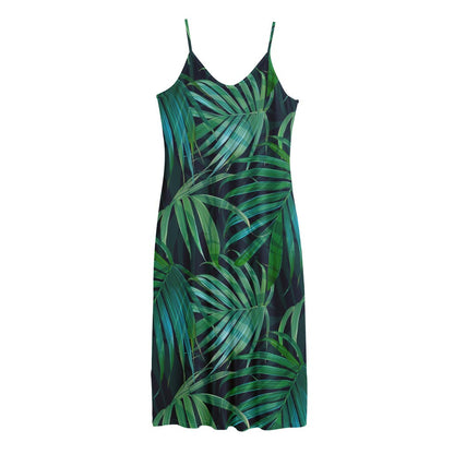 Dark Tropical Palm Leaves Pattern Print Jersey Midi Cami Dress