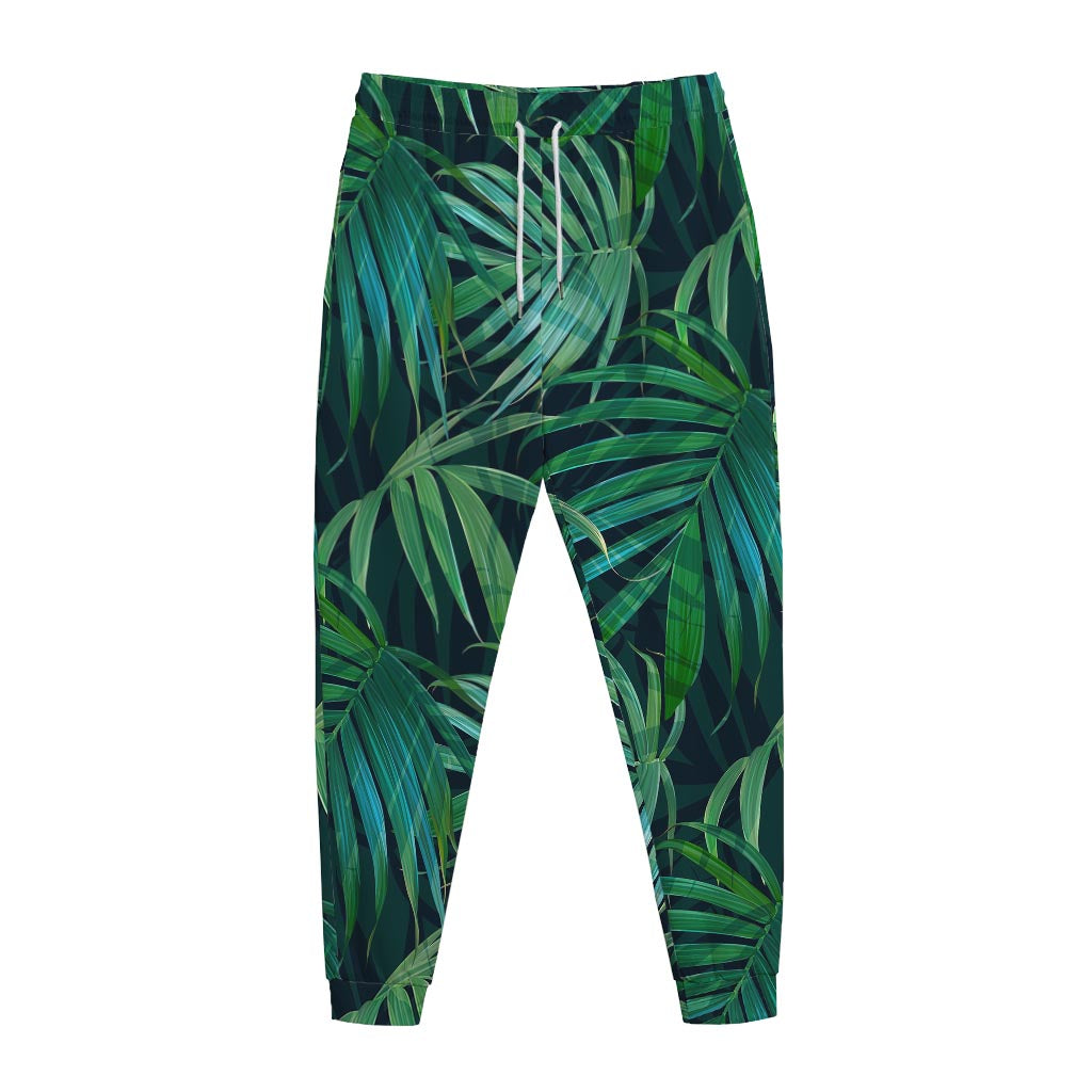 Dark Tropical Palm Leaves Pattern Print Jogger Pants