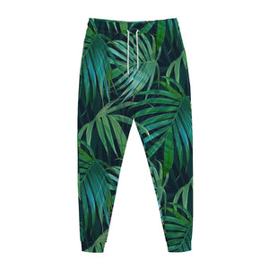 Dark Tropical Palm Leaves Pattern Print Jogger Pants