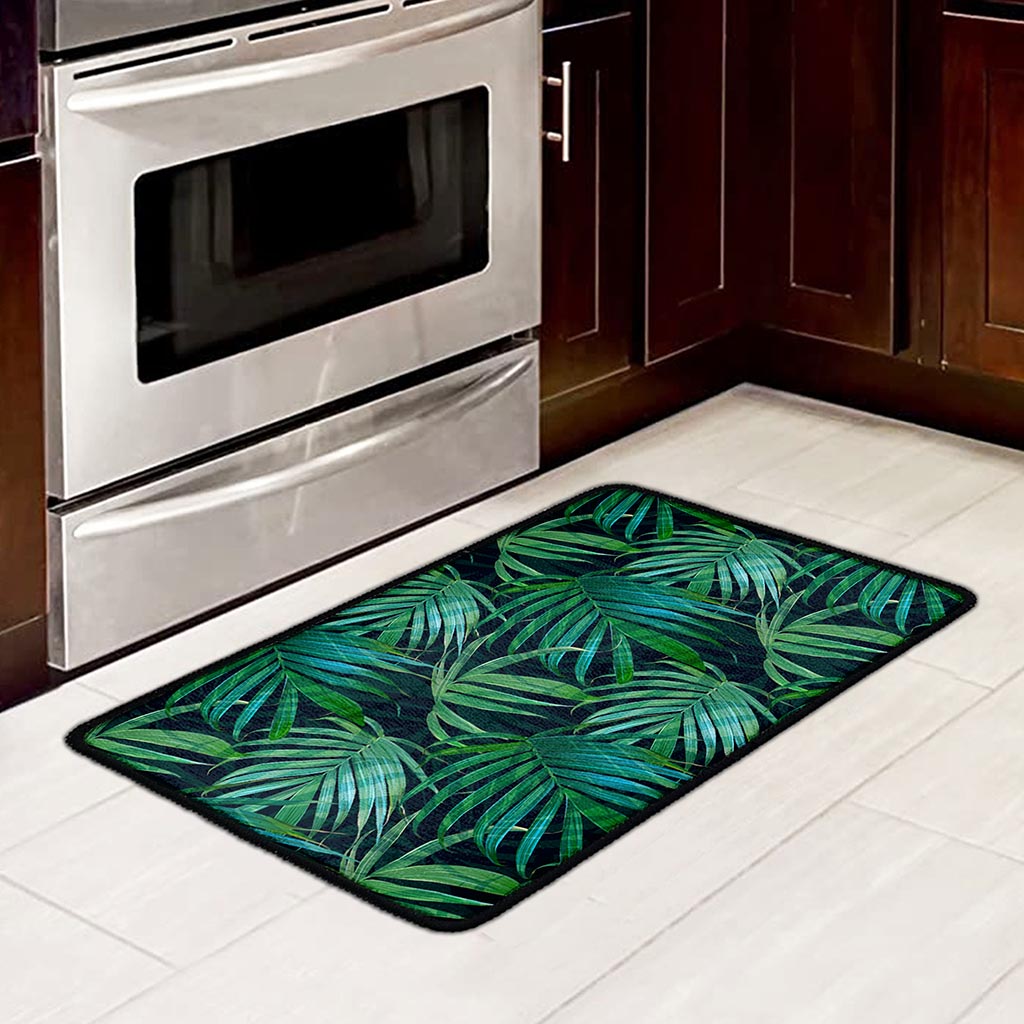 Dark Tropical Palm Leaves Pattern Print Kitchen Mat