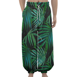 Dark Tropical Palm Leaves Pattern Print Lantern Pants