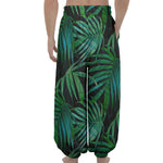 Dark Tropical Palm Leaves Pattern Print Lantern Pants