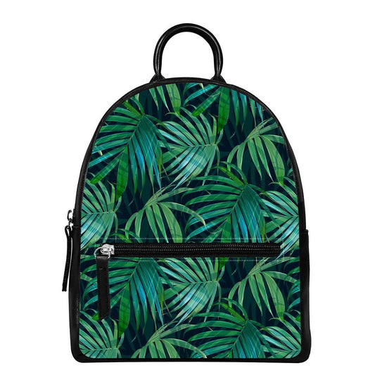 Dark Tropical Palm Leaves Pattern Print Leather Backpack