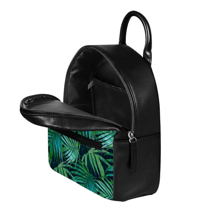 Dark Tropical Palm Leaves Pattern Print Leather Backpack