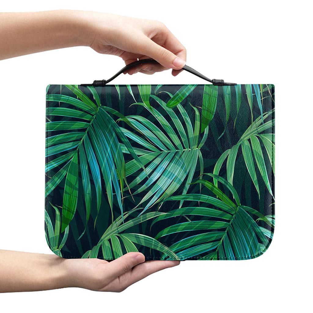 Dark Tropical Palm Leaves Pattern Print Leather Bible Cover