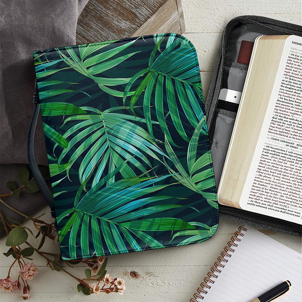 Dark Tropical Palm Leaves Pattern Print Leather Bible Cover