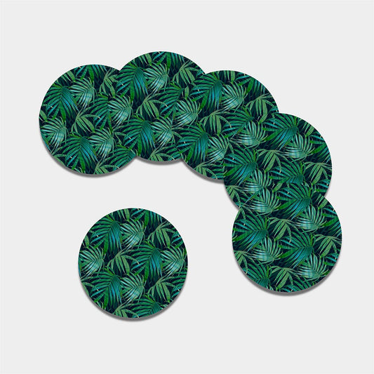 Dark Tropical Palm Leaves Pattern Print Leather Coaster Set