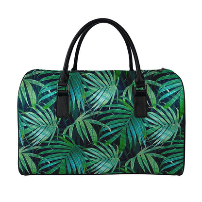 Dark Tropical Palm Leaves Pattern Print Leather Duffle Bag