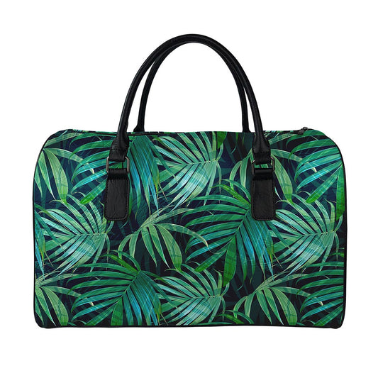 Dark Tropical Palm Leaves Pattern Print Leather Duffle Bag
