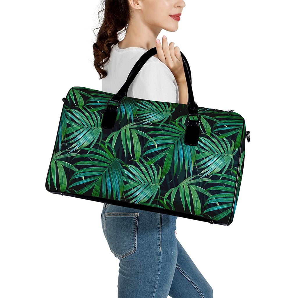 Dark Tropical Palm Leaves Pattern Print Leather Duffle Bag