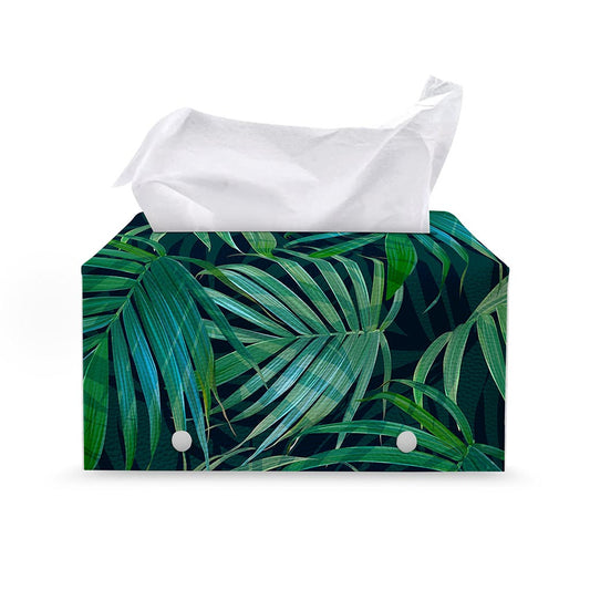 Dark Tropical Palm Leaves Pattern Print Leather Tissue Box Cover