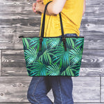 Dark Tropical Palm Leaves Pattern Print Leather Tote Bag