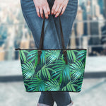 Dark Tropical Palm Leaves Pattern Print Leather Tote Bag