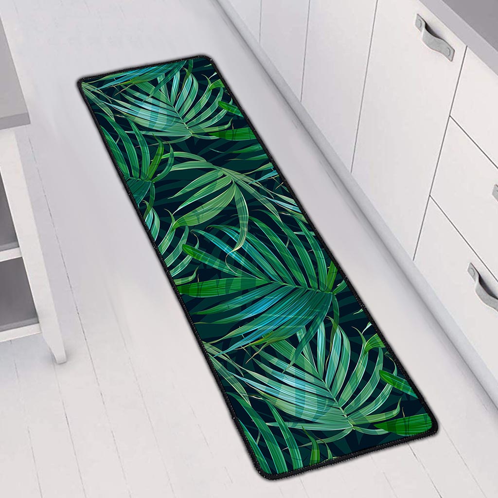 Dark Tropical Palm Leaves Pattern Print Long Kitchen Mat