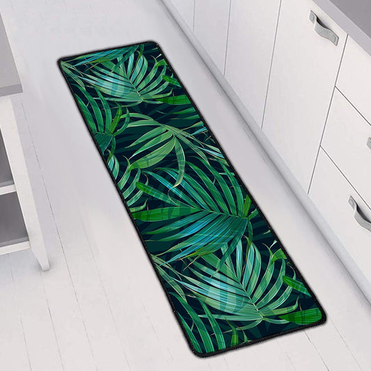 Dark Tropical Palm Leaves Pattern Print Long Kitchen Mat