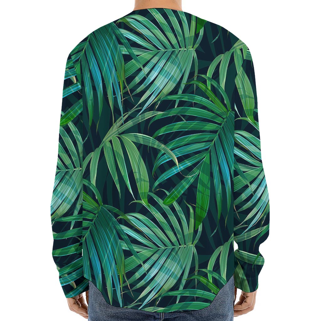 Dark Tropical Palm Leaves Pattern Print Long Sleeve Baseball Jersey