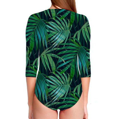 Dark Tropical Palm Leaves Pattern Print Long Sleeve Swimsuit
