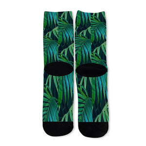 Dark Tropical Palm Leaves Pattern Print Long Socks