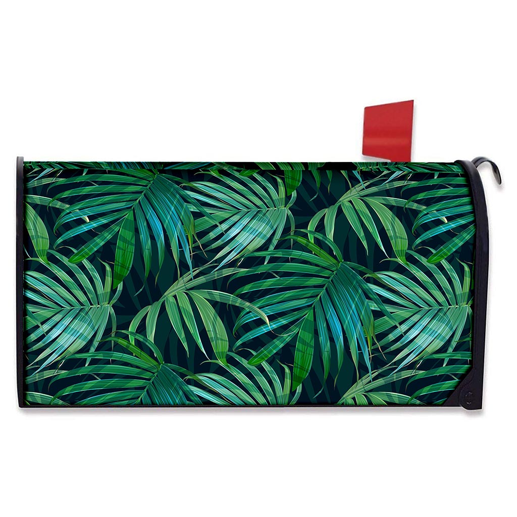 Dark Tropical Palm Leaves Pattern Print Mailbox Cover