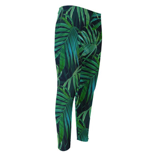 Dark Tropical Palm Leaves Pattern Print Men's Compression Pants