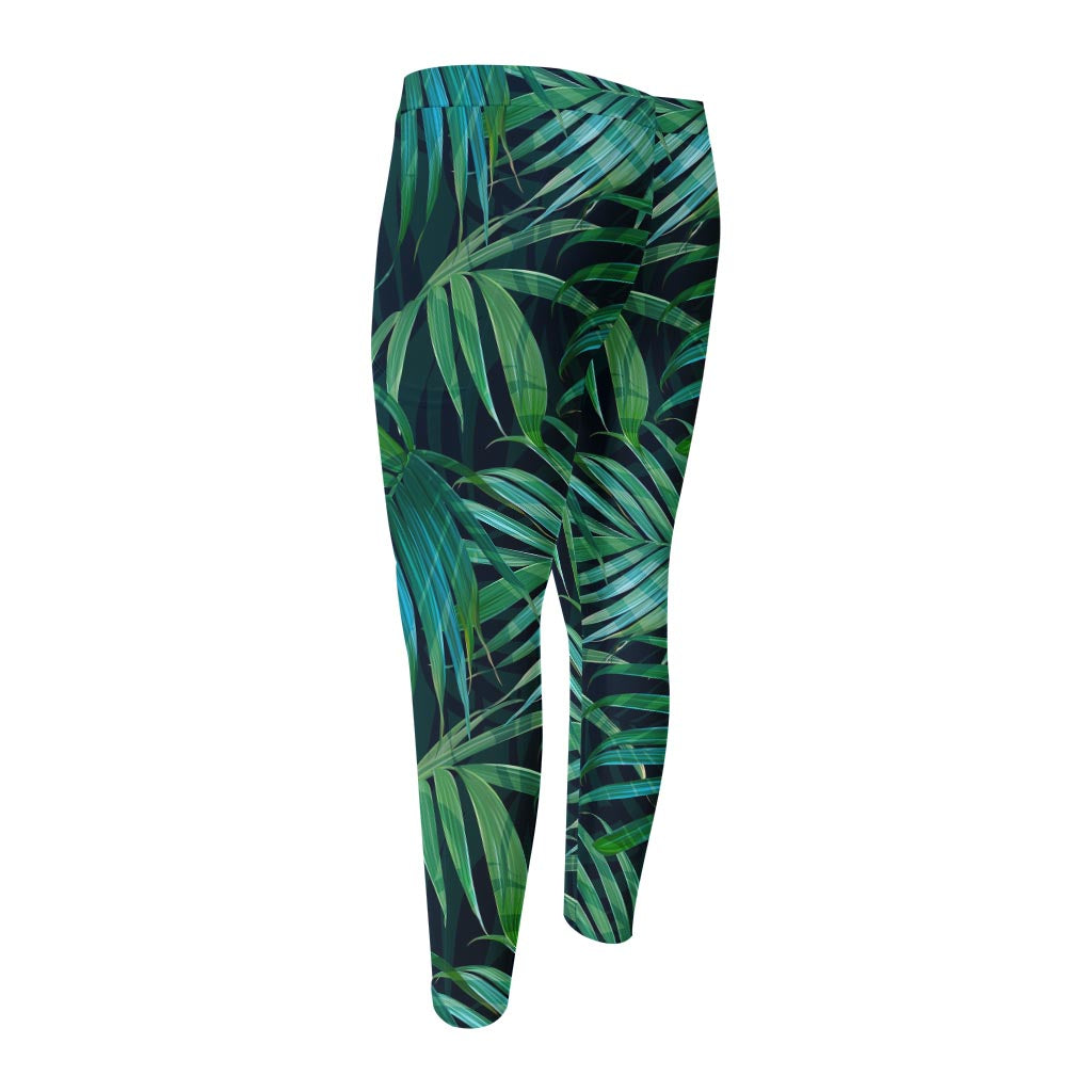 Dark Tropical Palm Leaves Pattern Print Men's Compression Pants