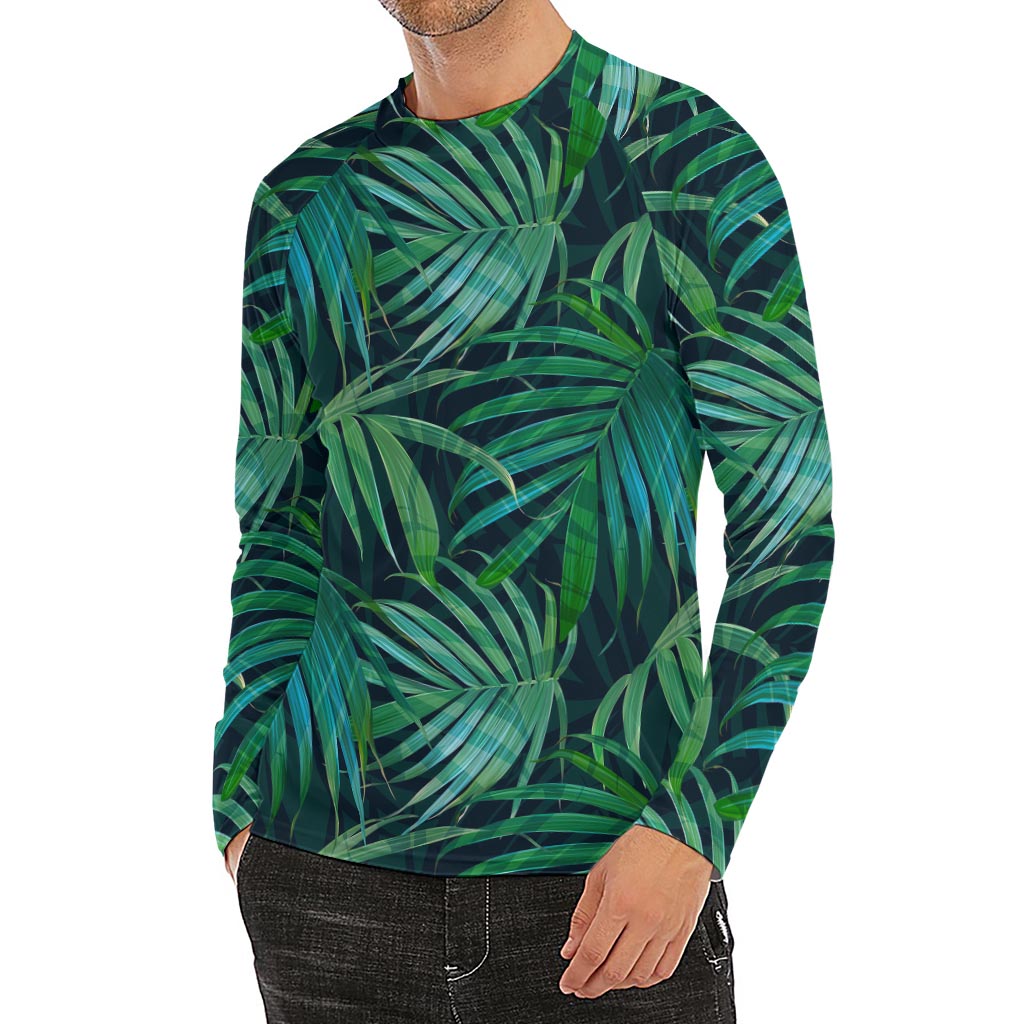 Dark Tropical Palm Leaves Pattern Print Men's Long Sleeve Rash Guard