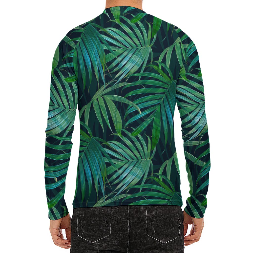 Dark Tropical Palm Leaves Pattern Print Men's Long Sleeve Rash Guard