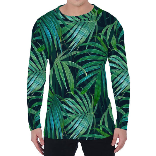 Dark Tropical Palm Leaves Pattern Print Men's Long Sleeve T-Shirt