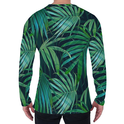 Dark Tropical Palm Leaves Pattern Print Men's Long Sleeve T-Shirt