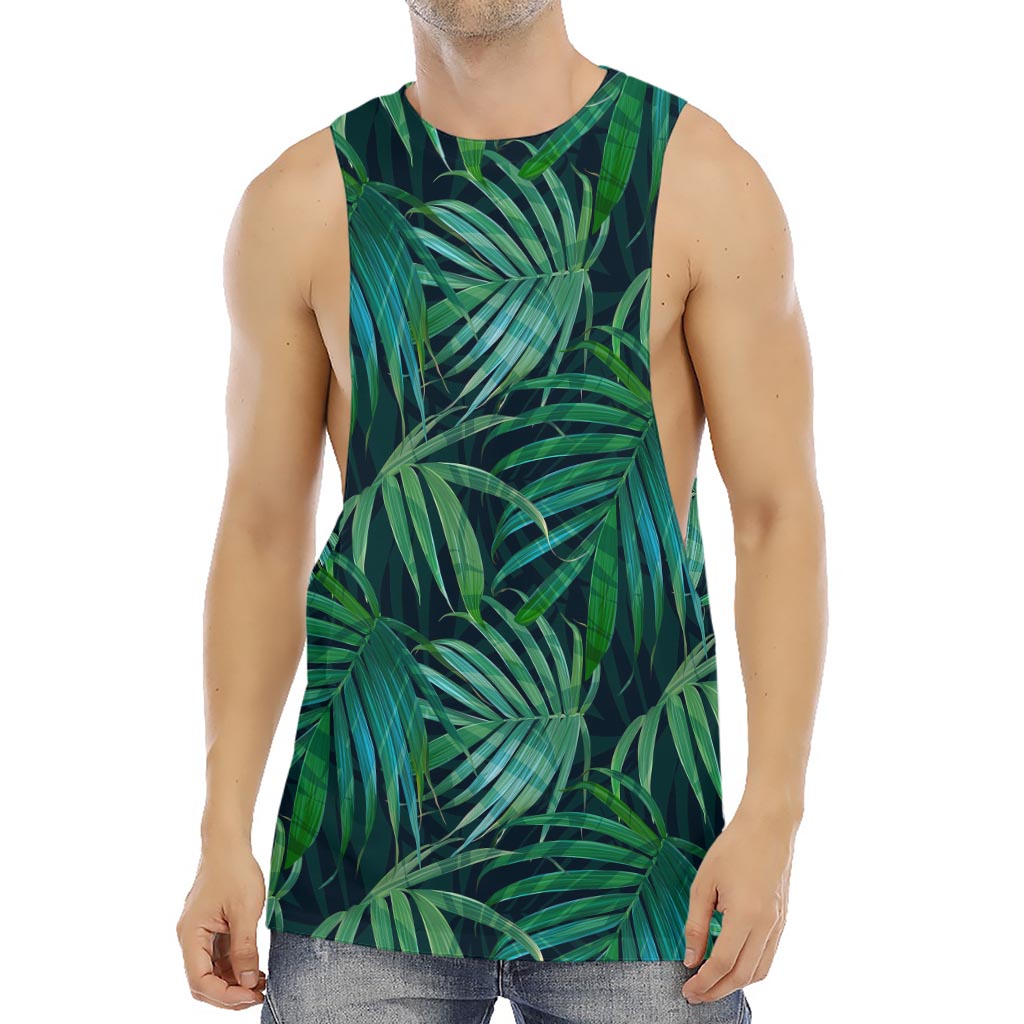 Dark Tropical Palm Leaves Pattern Print Men's Muscle Tank Top